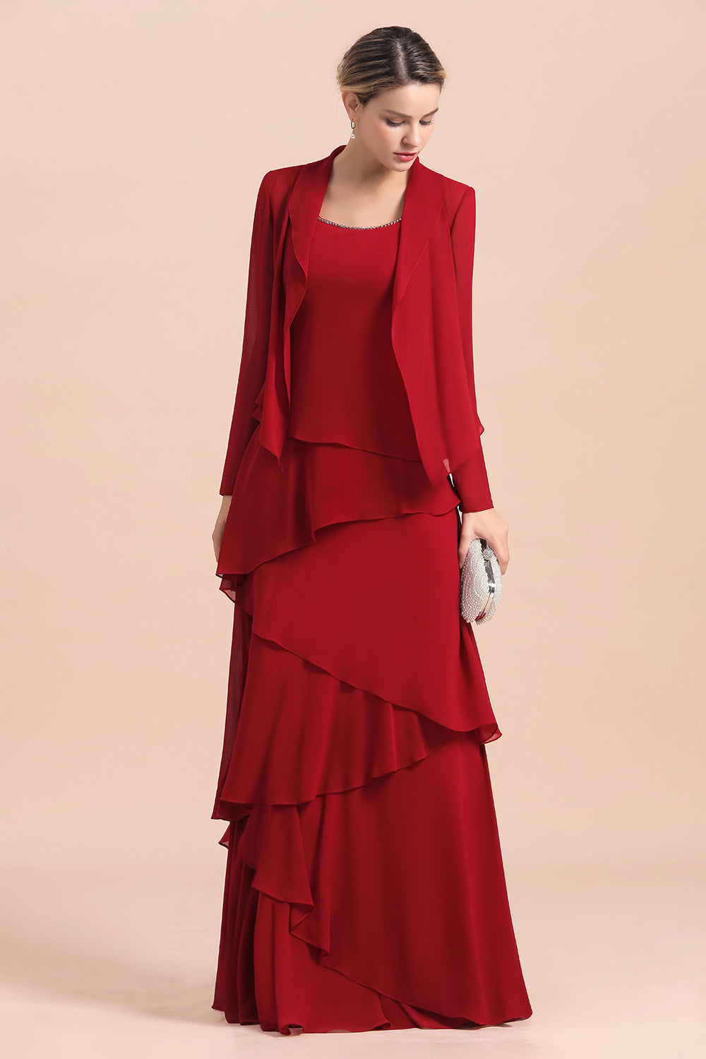 Elegant Burgundy Ruffles Chiffon Mother of the Bride Dress With Jacket