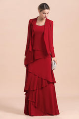 Elegant Burgundy Ruffles Chiffon Mother of the Bride Dress With Jacket