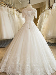 Long A-line Off the Shoulder Court Train Lace Tulle Wedding Dresses with Sleeves