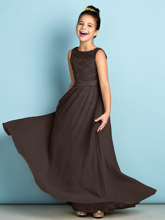 Long A-Line Scoop Neck Floor Length Chiffon Lace Junior Bridesmaid Dress