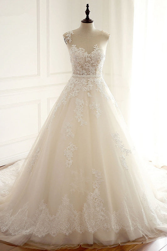 Stylish Long A-line Jewel Tulle Wedding Dress With Appliques Lace
