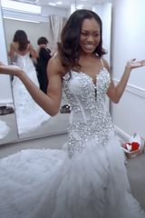 Spaghetti Straps Deep V-neck Wedding Dresses with Floral Applique