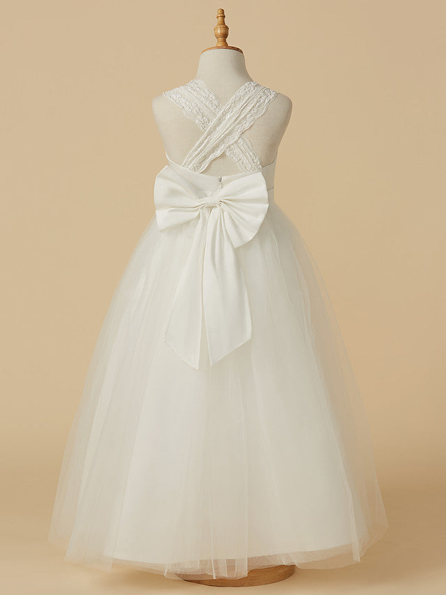 Long A-line Sleeveless Tulle Floor Length First Communion Flower Girl Dresses