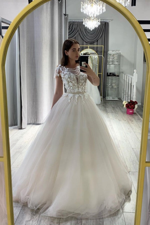 Classy Long Bateau Appliques Lace Tulle Floor Length A-Line Wedding Dress With Bowknot Sash