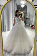 Classy Long Bateau Appliques Lace Tulle Floor Length A-Line Wedding Dress With Bowknot Sash
