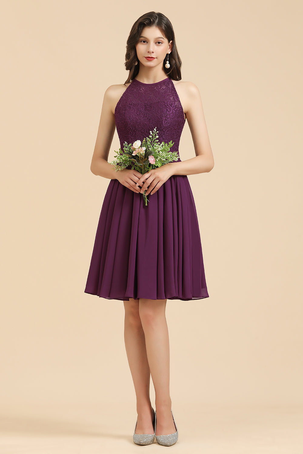 Short A-line Halter Lace Chiffon Wedding Party Dress
