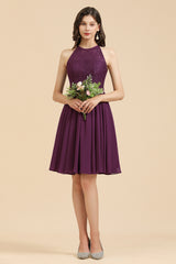 Short A-line Halter Lace Chiffon Wedding Party Dress