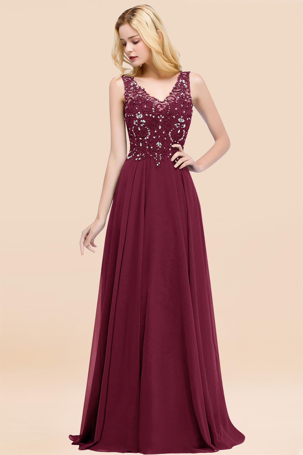 A-line Chiffon Appliques V-neck Sleeveless Floor Length Bridesmaid Dresses with Crystals