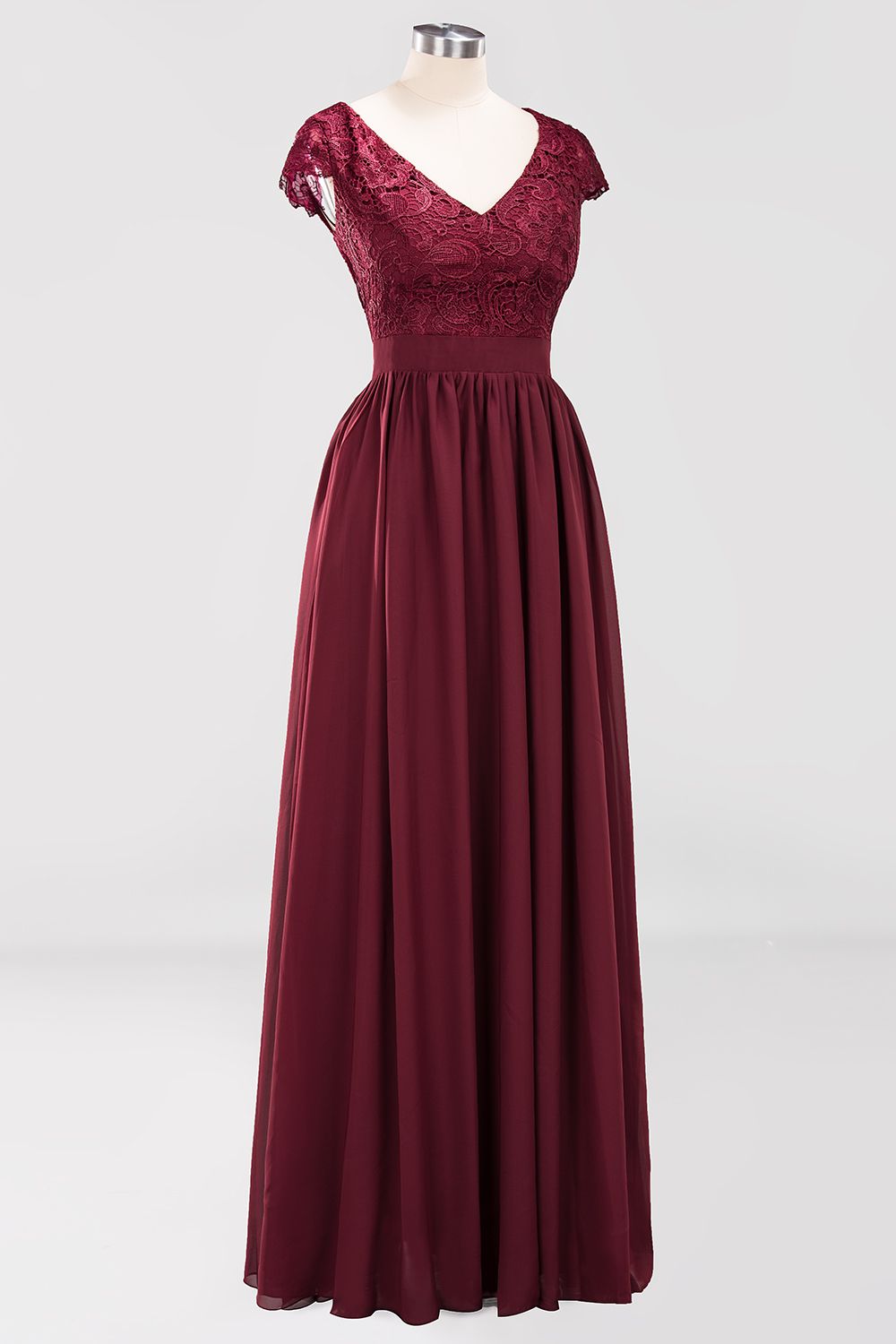 A-line Chiffon Lace V-Neck Sleeveless Floor Length Bridesmaid Dresses with Ruffles
