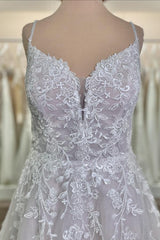 Long Spaghetti Straps A-Line Tulle Appliques Lace Open Back Wedding Dress