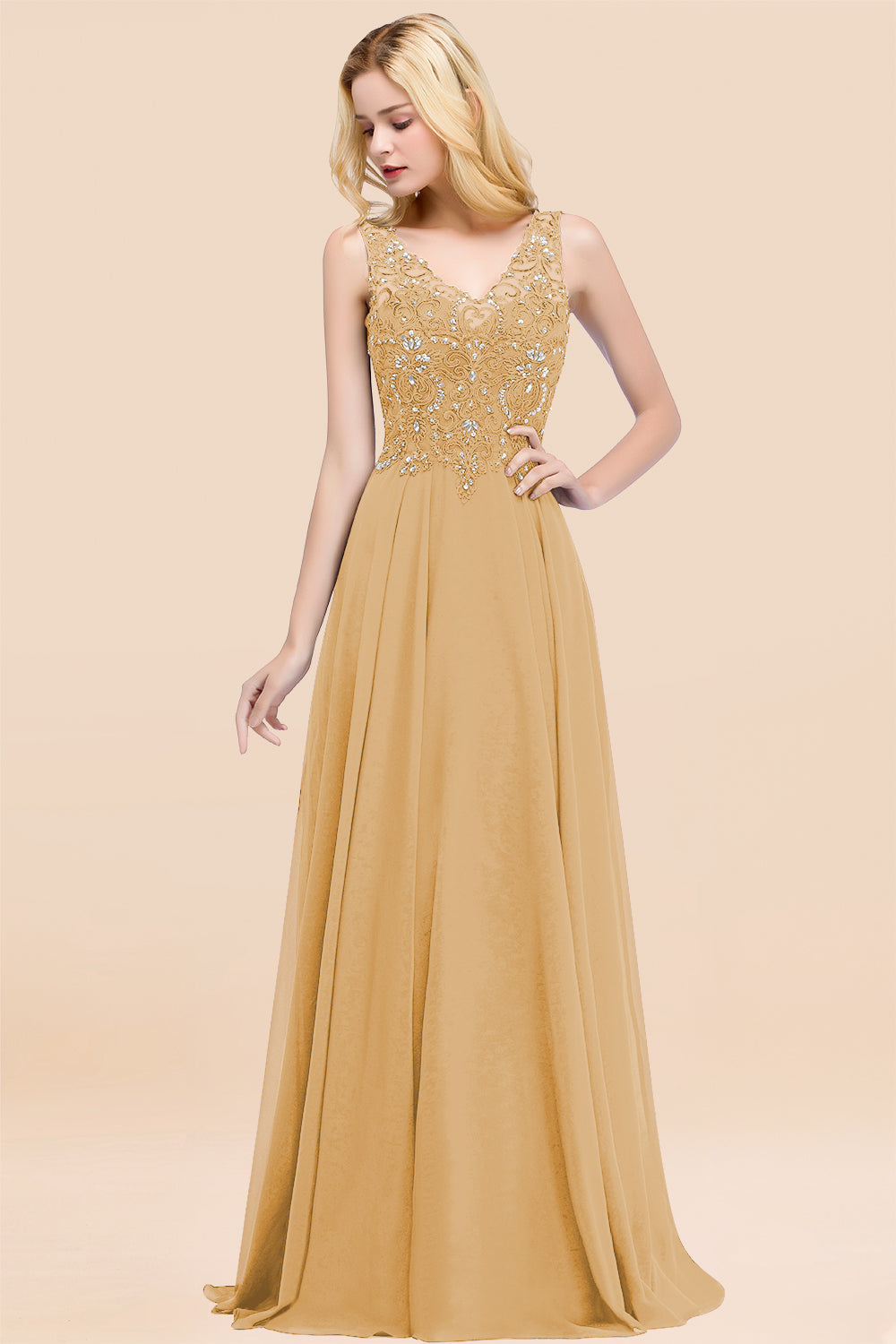 Dusty Rose Lace V-Neck Long Bridesmaid Dresses With Appliques