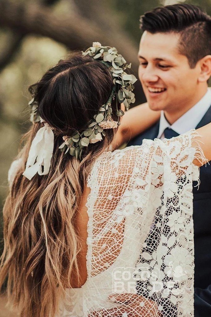 Ivory Boho Long Mermaid Lace Backless Wedding Dress with Batwing Sleeve