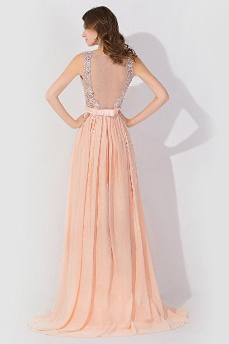 A-Line Chiffon Lace Jewel Sleeveless Floor Length Bridesmaid Dress with Ruffles
