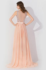 A-Line Chiffon Lace Jewel Sleeveless Floor Length Bridesmaid Dress with Ruffles