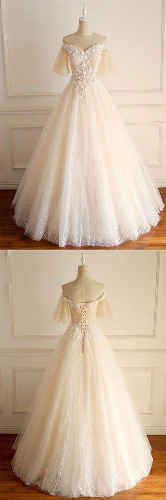 Champagne Long A-line Off the Shoulder Tulle Lace Wedding Dress with Sleeves