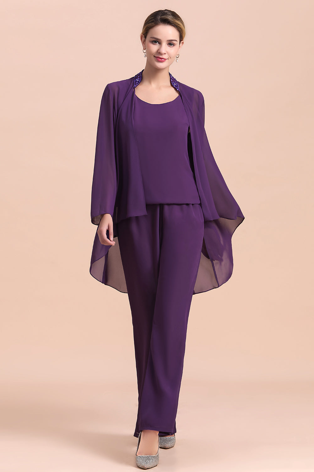 Straps Beading Grape Chiffon Long Sleeves Mother of Bride Jumpsuit With Wrap