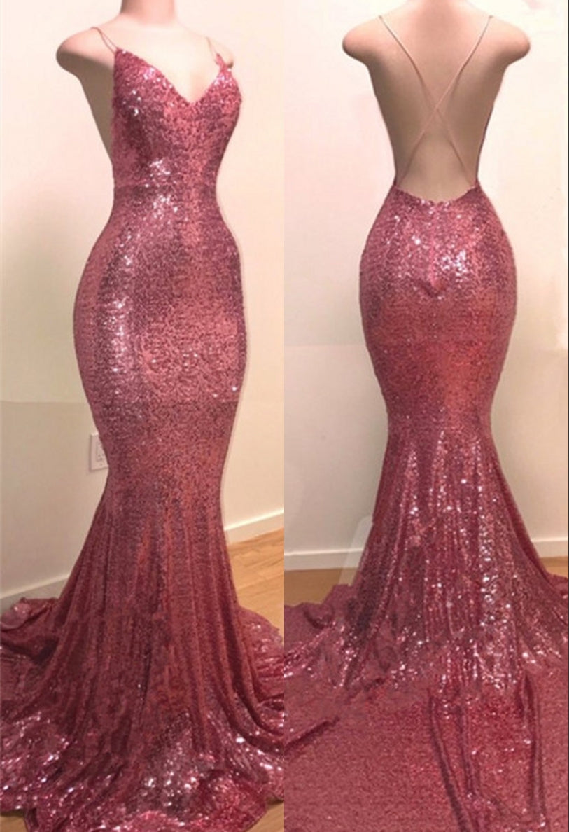 Long Sequins Mermaid V-neck Sleeveless Backless Prom Dresses