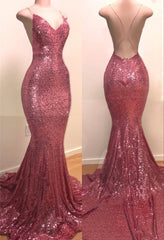 Long Sequins Mermaid V-neck Sleeveless Backless Prom Dresses
