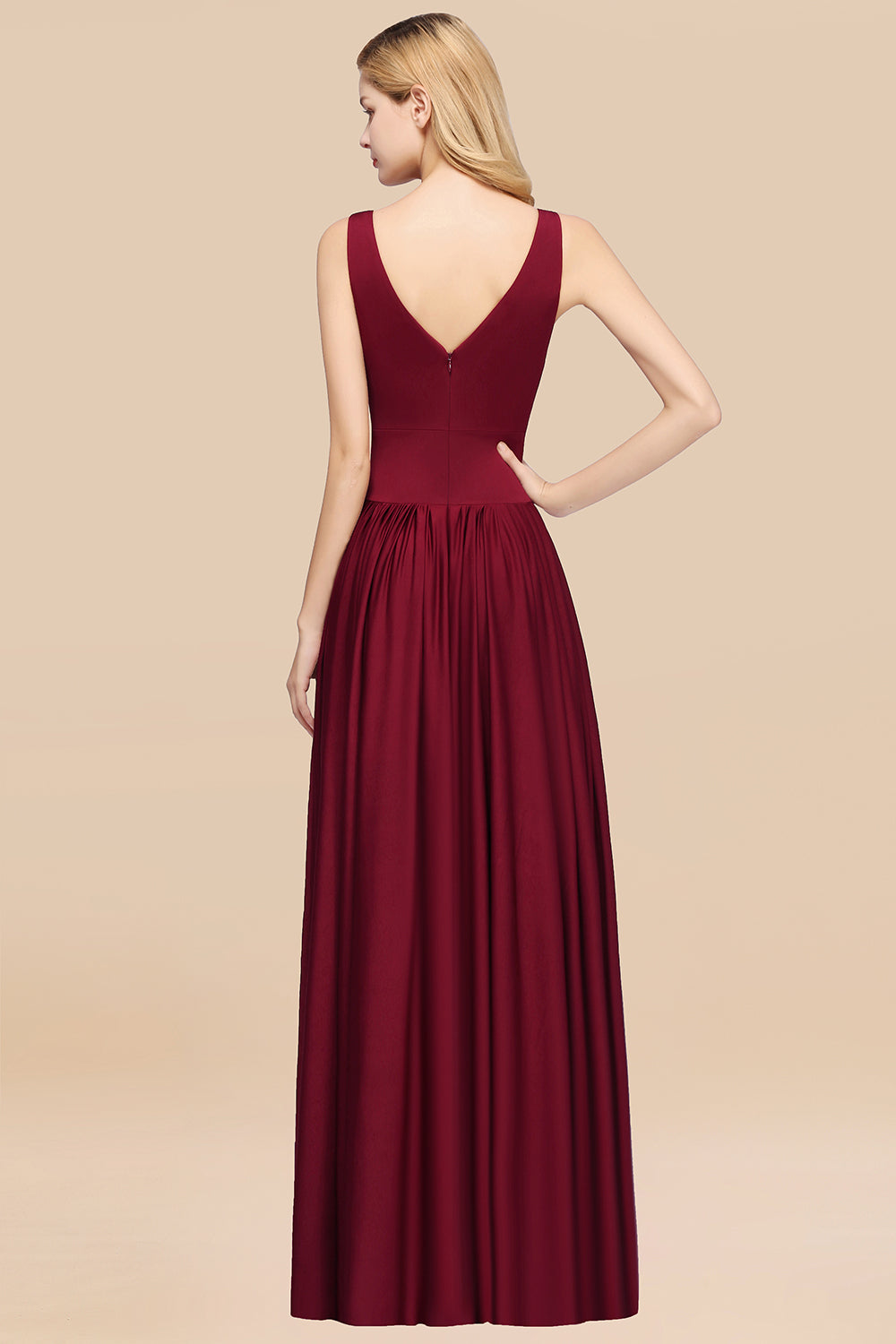 A-Line V-Neck Sleeveless Long Ruffles Bridesmaid Dress