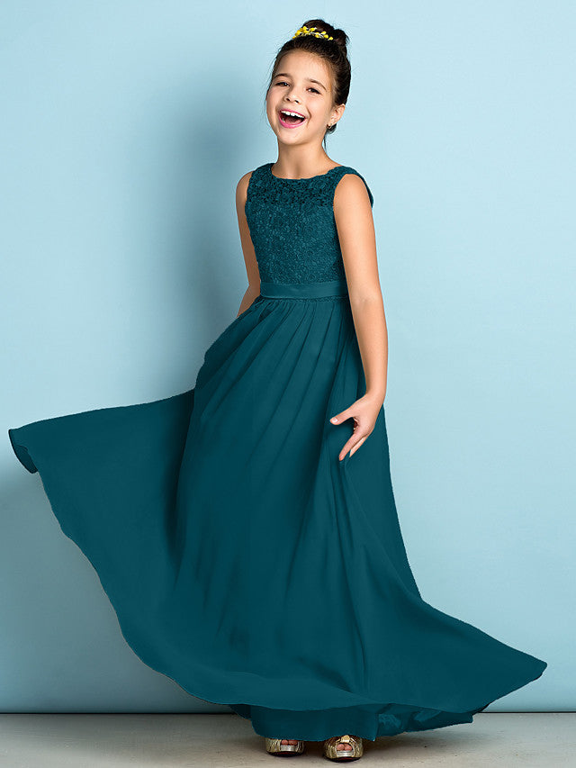 Long A-Line Scoop Neck Floor Length Chiffon Lace Junior Bridesmaid Dress
