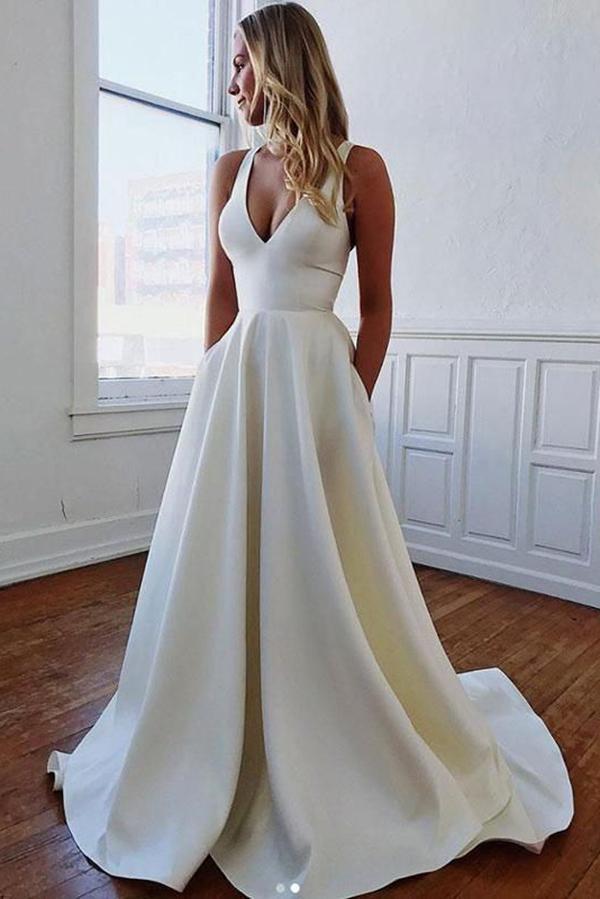 Charming Long Satin V-neck Bow Back A-Line Wedding Dress with Pockest