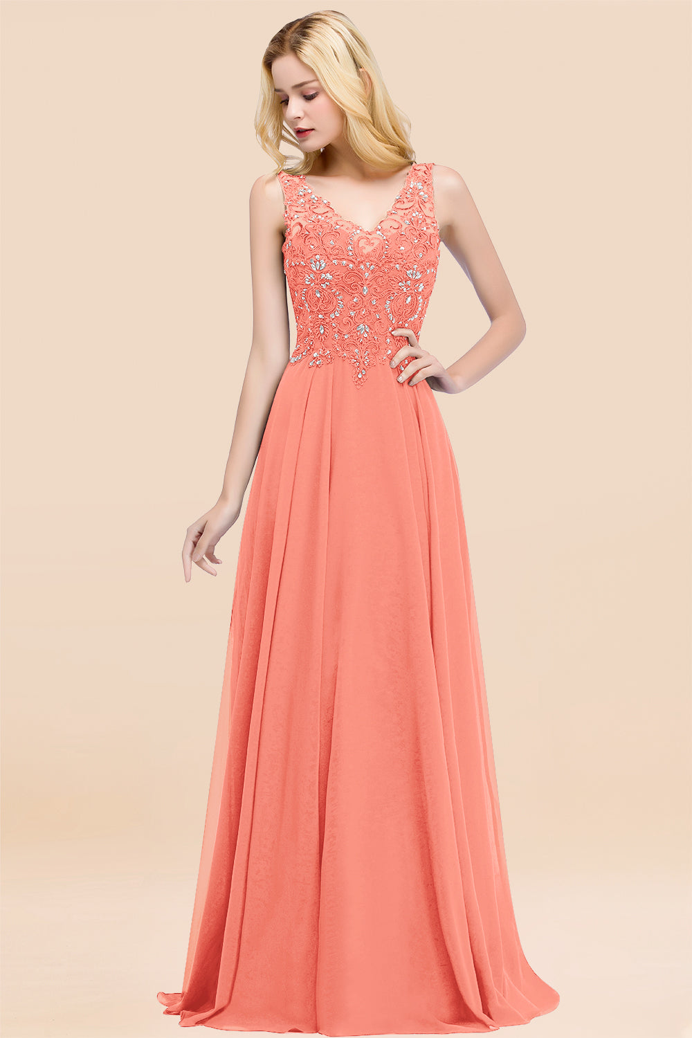 Dusty Rose Lace V-Neck Long Bridesmaid Dresses With Appliques