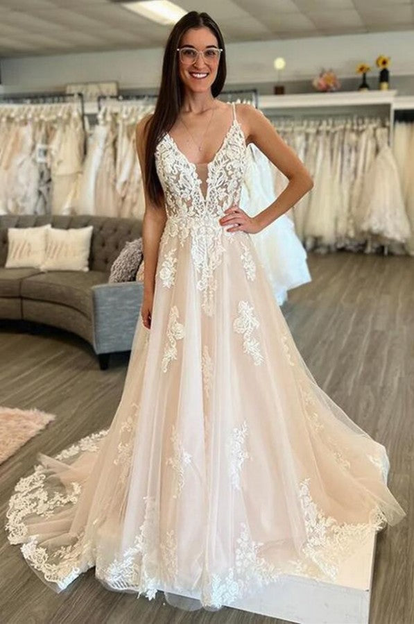Elegant Long A-line V-neck Tulle Lace Backless Wedding Dresses