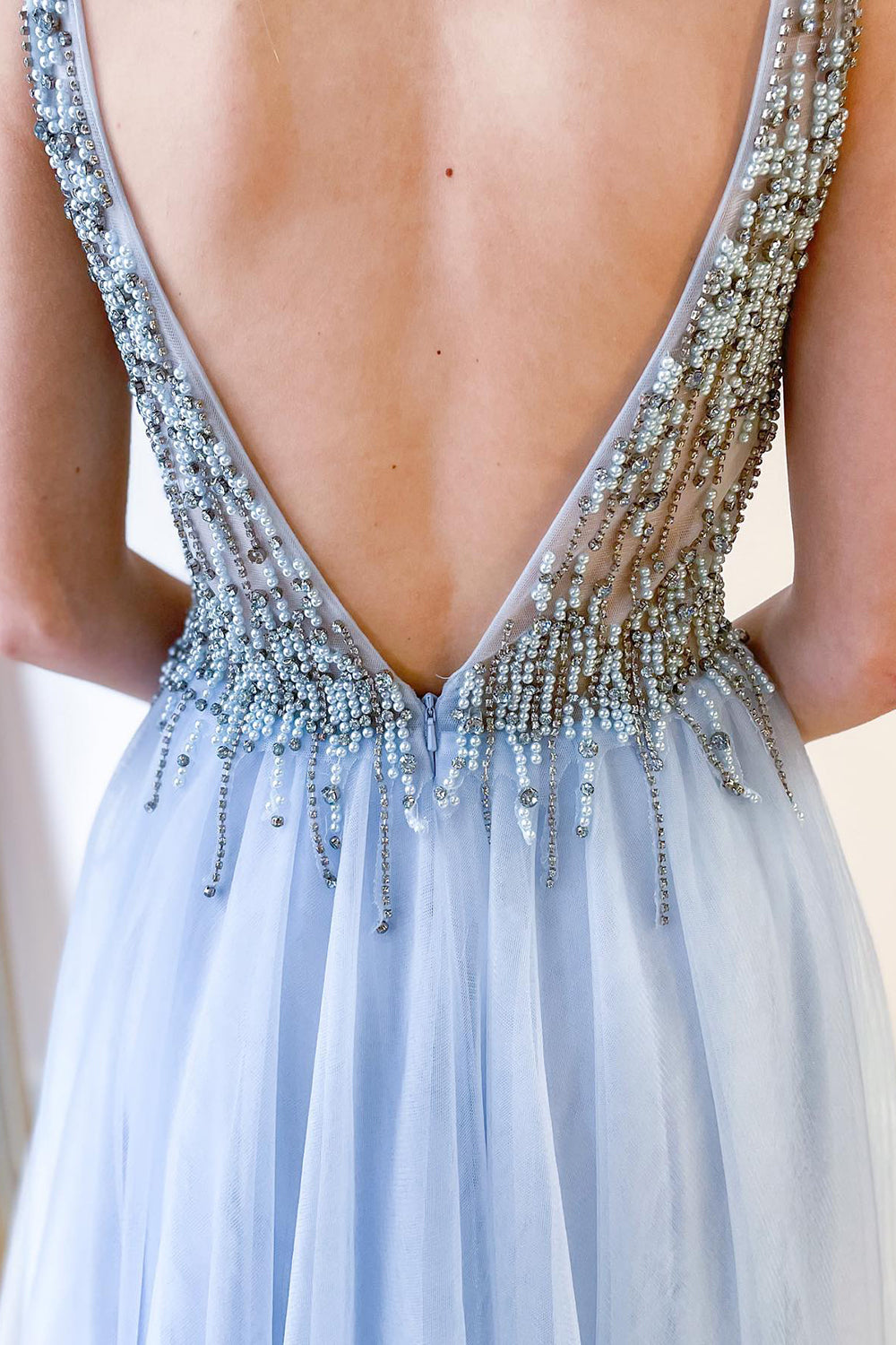 Long V-neck Beading Tulle Open Back A-Line Prom Dress With Split