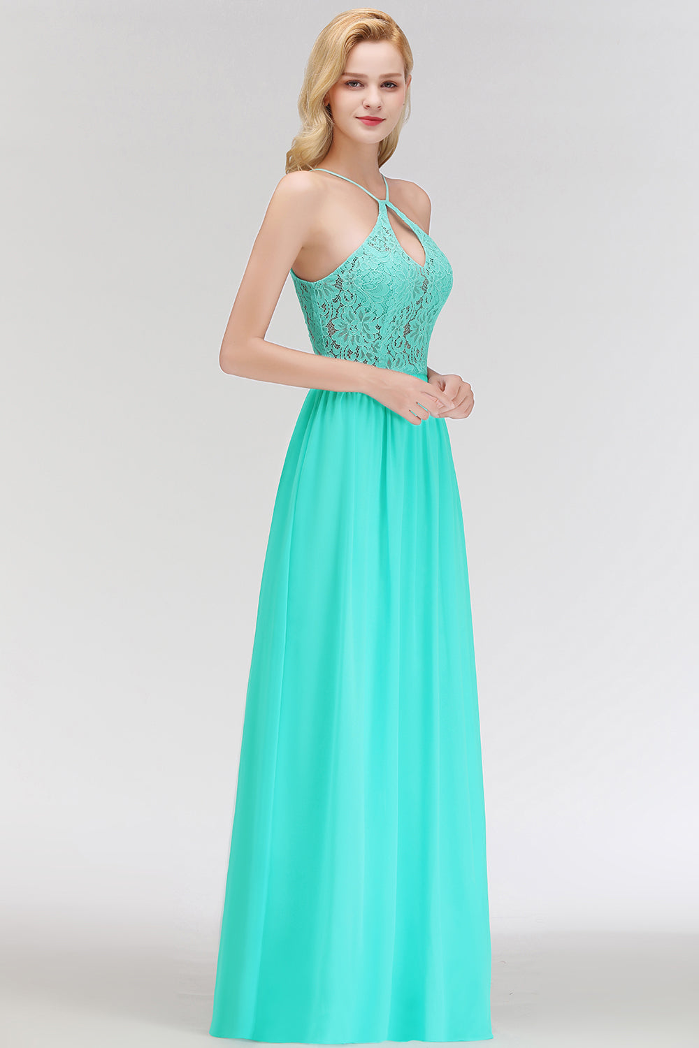 Lace A-line Keyhole Neckline Long Spaghetti Chiffon Bridesmaid Dresses