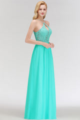 Lace A-line Keyhole Neckline Long Spaghetti Chiffon Bridesmaid Dresses