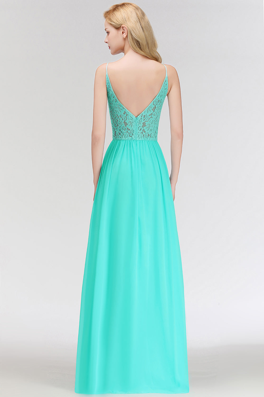 Lace A-line Keyhole Neckline Long Spaghetti Chiffon Bridesmaid Dresses