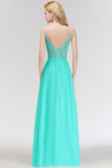 Lace A-line Keyhole Neckline Long Spaghetti Chiffon Bridesmaid Dresses