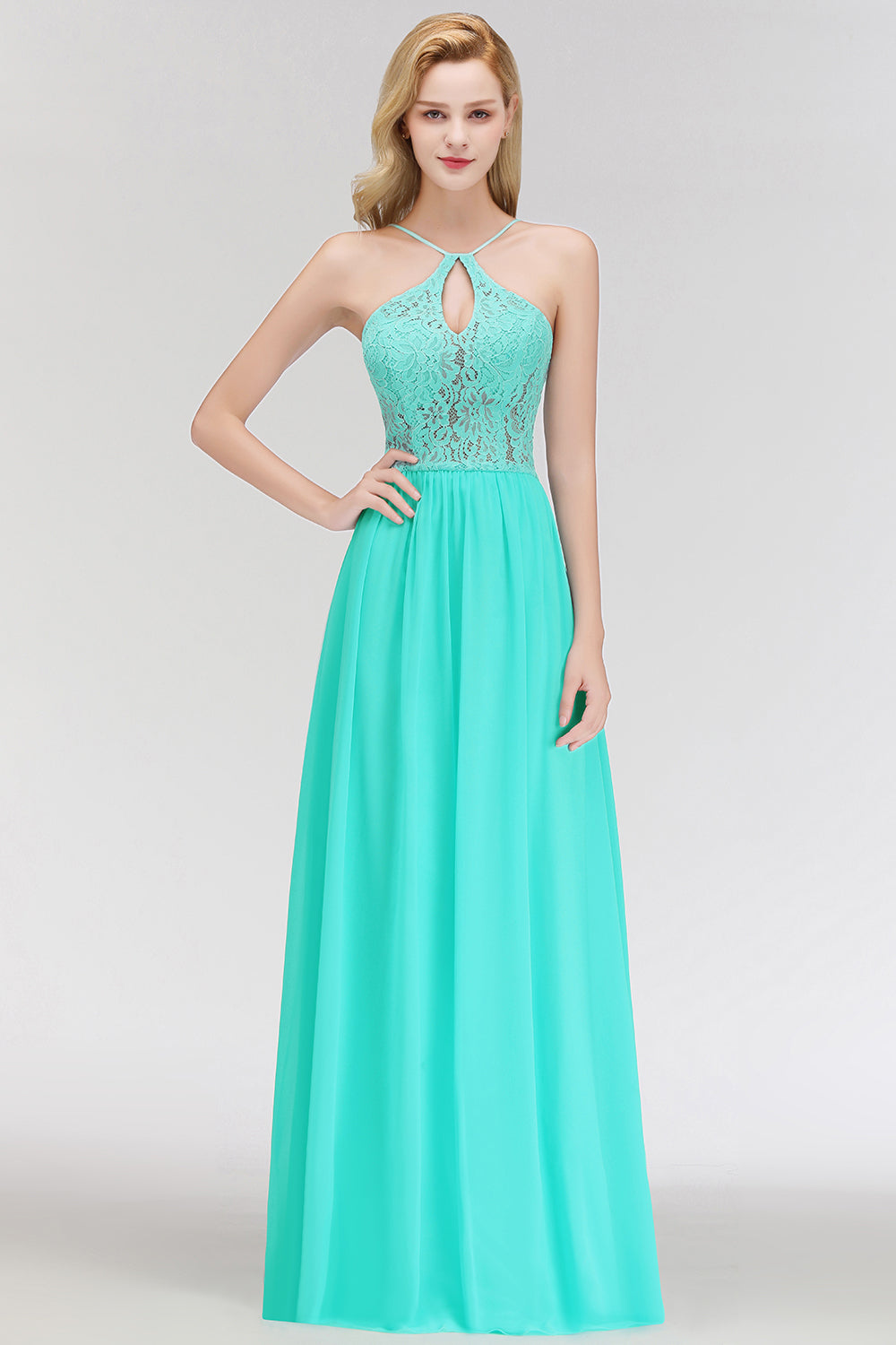 Lace A-line Keyhole Neckline Long Spaghetti Chiffon Bridesmaid Dresses