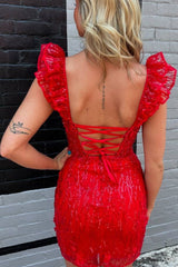 Red Short Applique Lace Mermaid Homecoming Dress with Lace-up