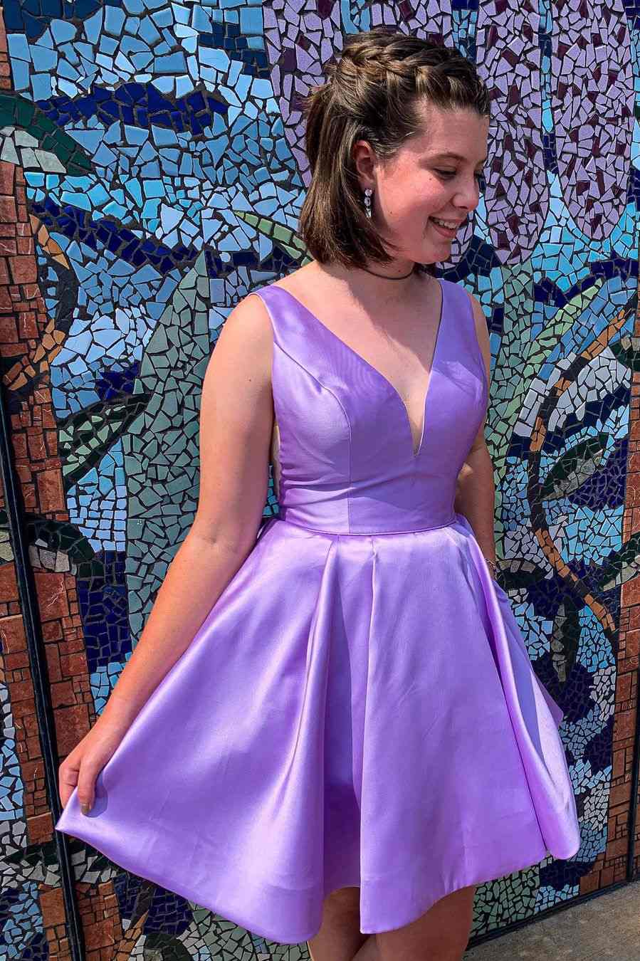 A-Line V-Neck Short Satin Homecoming Dress