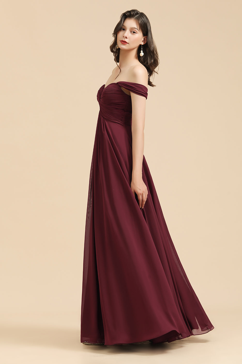 Burgundy Long A-line Off the Shoulder Chiffon Wedding Guest Dress
