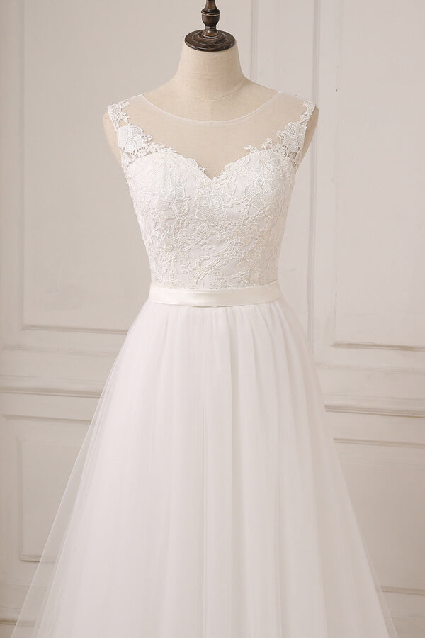 Elegant Long Lace Tulle A-line Backless Wedding Dress