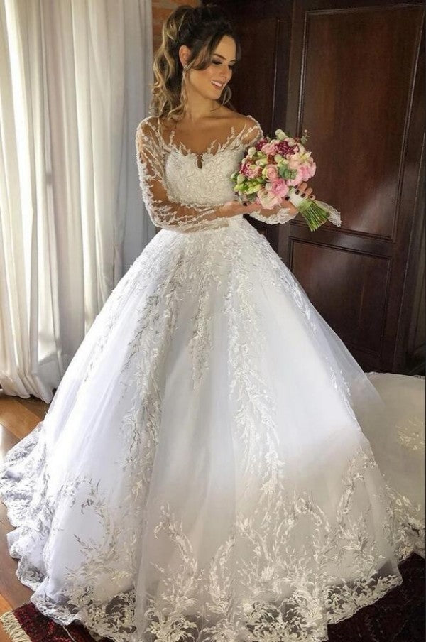 Long A-line Sweetheart Tulle Wedding Dress with Long Sleeves