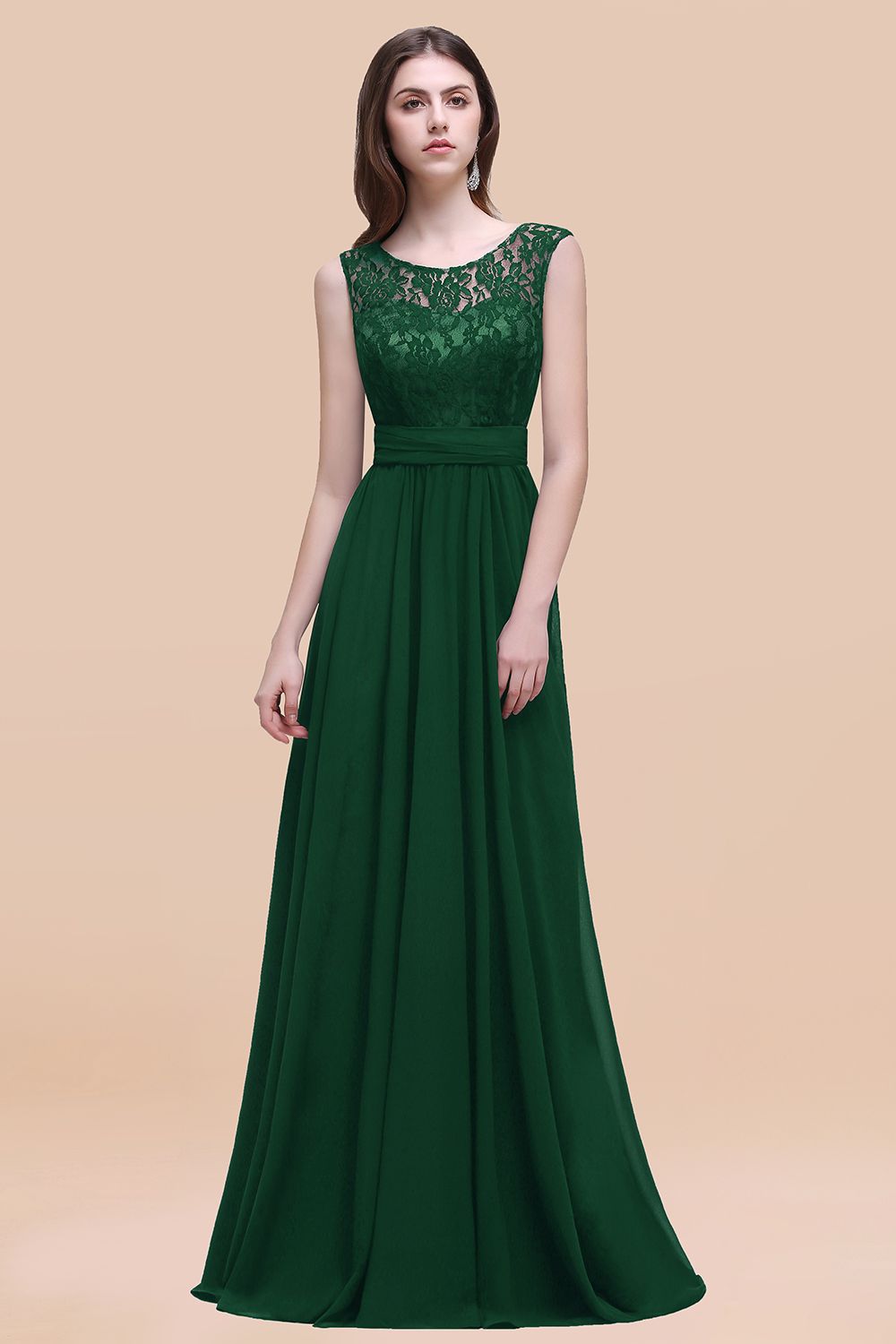 Elegant A-line Chiffon Lace Scoop Sleeveless Floor Length Bridesmaid Dress