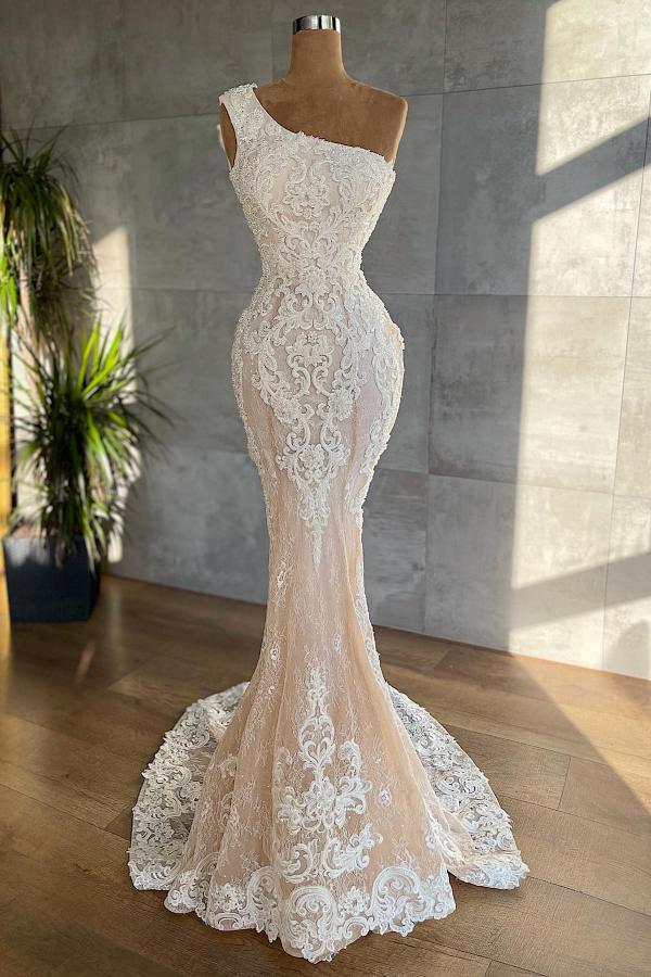 Elegant Long One Shoulder Appliques Lace Mermaid Floor Length Wedding Dress