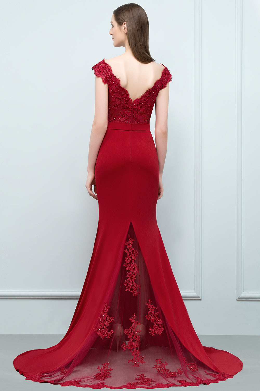 Red Long V-neck Stretch Satin Mermaid Evening Dress