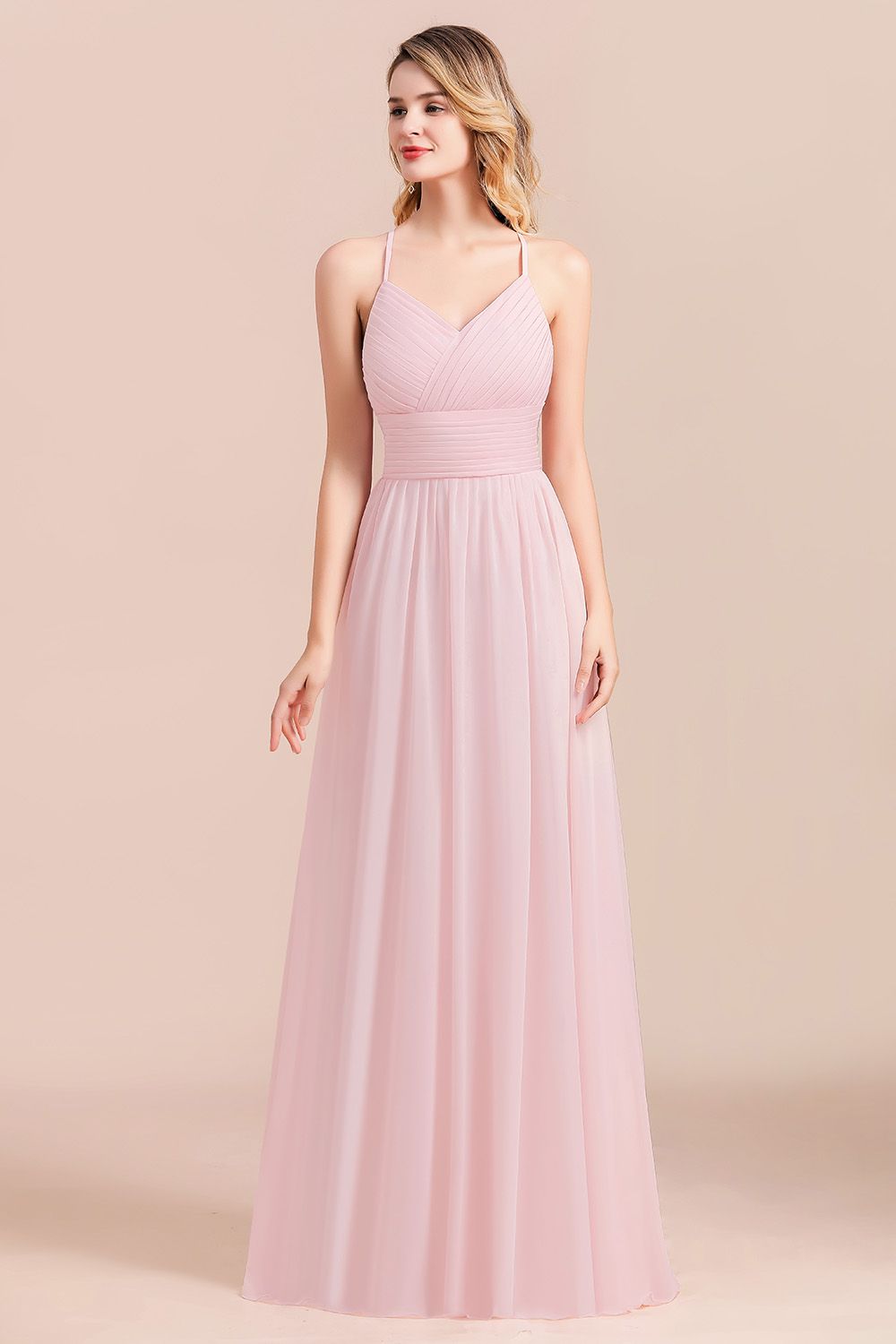 Vintage Spaghetti Straps Chiffon Bridesmaid Dress A-Line V-neck Evening Dress