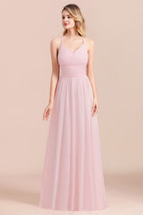 Vintage Spaghetti Straps Chiffon Bridesmaid Dress A-Line V-neck Evening Dress