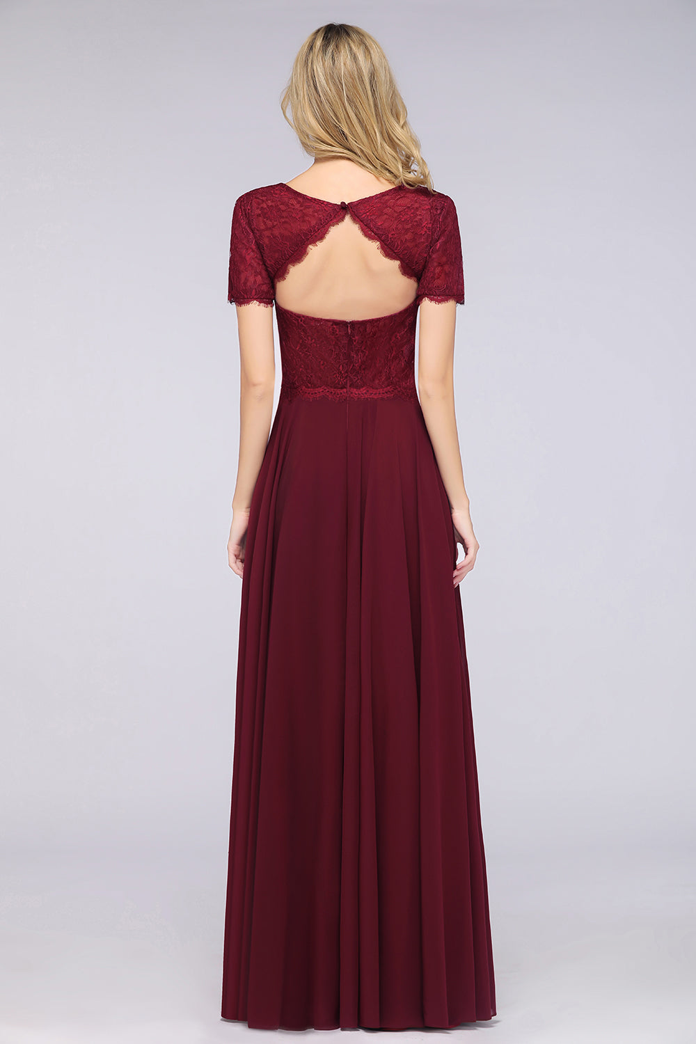 A-Line Chiffon Lace Round-Neck Short Sleeves Floor Length Bridesmaid Dress