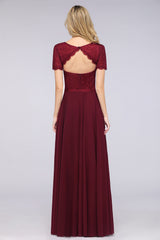 A-Line Chiffon Lace Round-Neck Short Sleeves Floor Length Bridesmaid Dress