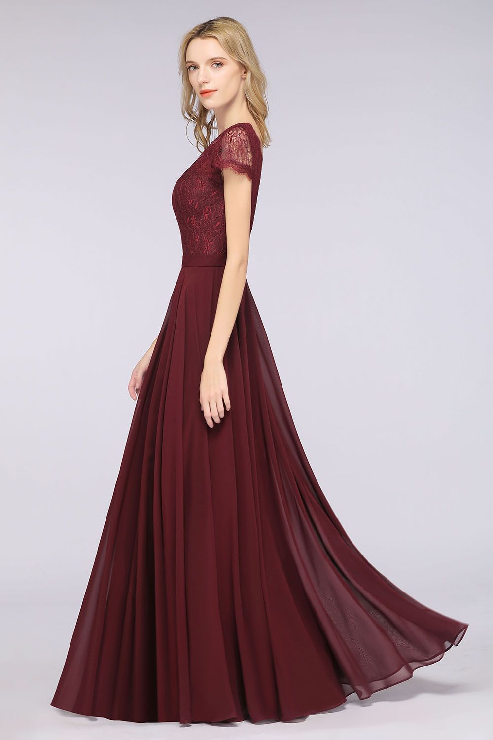 A-Line Chiffon Lace V-Neck Cap-Sleeves Floor Length Bridesmaid Dress