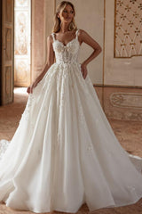 A-line Spaghetti Straps Open Back Tulle Appliques Lace Long Wedding Dress