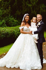 White Long A-line Off the Shoulder Lace Tulle Wedding Dress with Chapel Train
