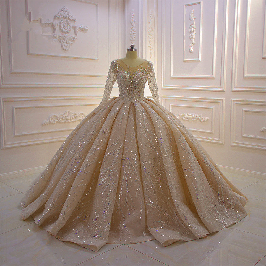 Gorgeous Bateau Long Sleeve Ruffles Floor Length Ball Gown Wedding Dress