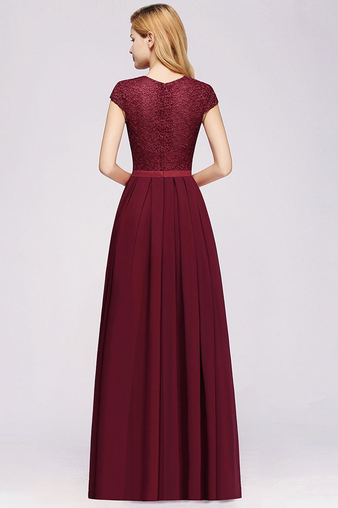 Burgundy Long A-line Chiffon Lace Bridesmaid Dresses